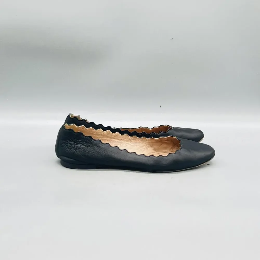 Chloe Shoes Womens 7 Black Leather Lauren Ballet Flats Scalloped Slip On Comfort